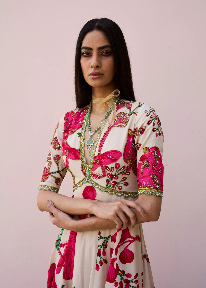 Retro Raani Red and Ivory Anarkali Set crepe, organza, modal satin kurta/kurta set by Rajiramniq in pink for women in Singapore