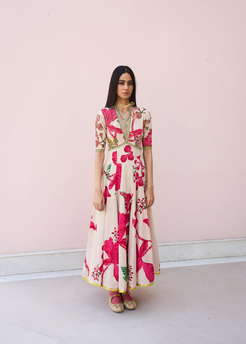 Retro Raani Red and Ivory Anarkali Set crepe, organza, modal satin kurta/kurta set by Rajiramniq in pink for women in Singapore