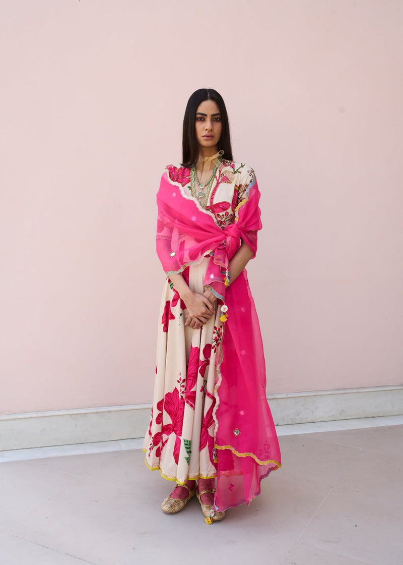 Retro Raani Red and Ivory Anarkali Set crepe, organza, modal satin kurta/kurta set by Rajiramniq in pink for women in Singapore
