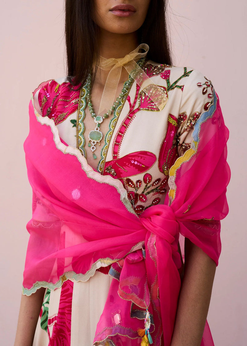 Retro Raani Red and Ivory Anarkali Set crepe, organza, modal satin kurta/kurta set by Rajiramniq in pink for women in Singapore