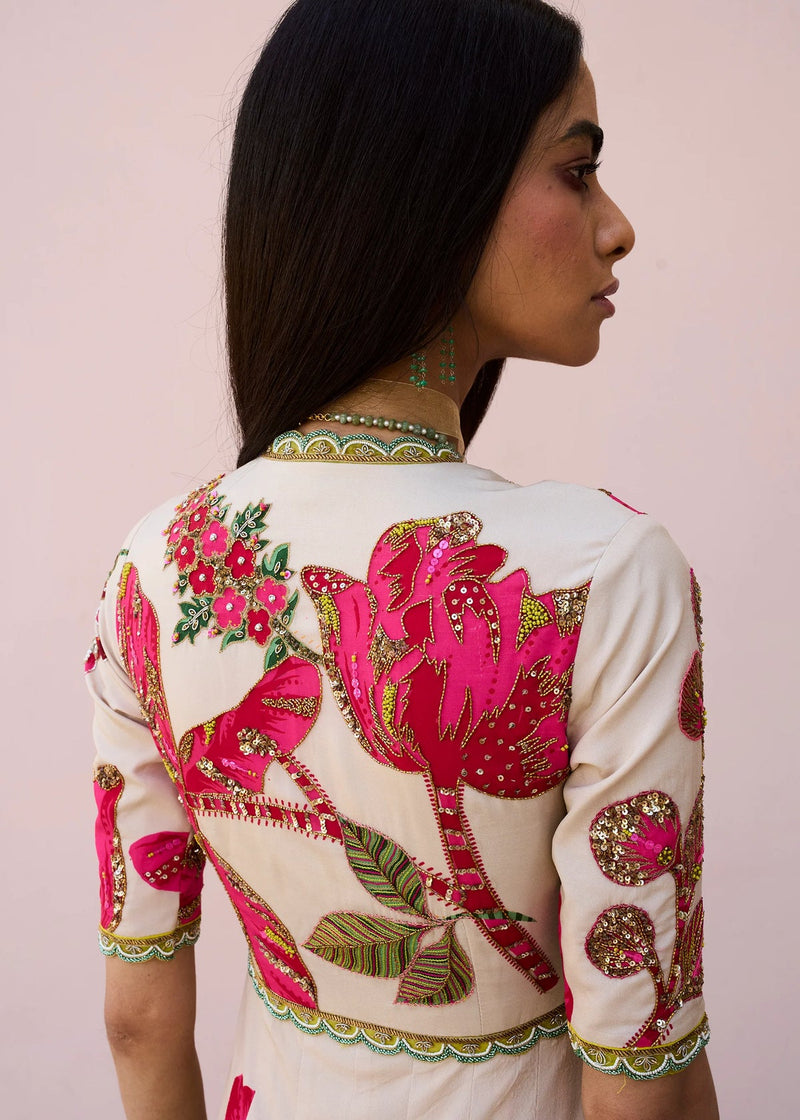 Retro Raani Red and Ivory Anarkali Set crepe, organza, modal satin kurta/kurta set by Rajiramniq in pink for women in Singapore