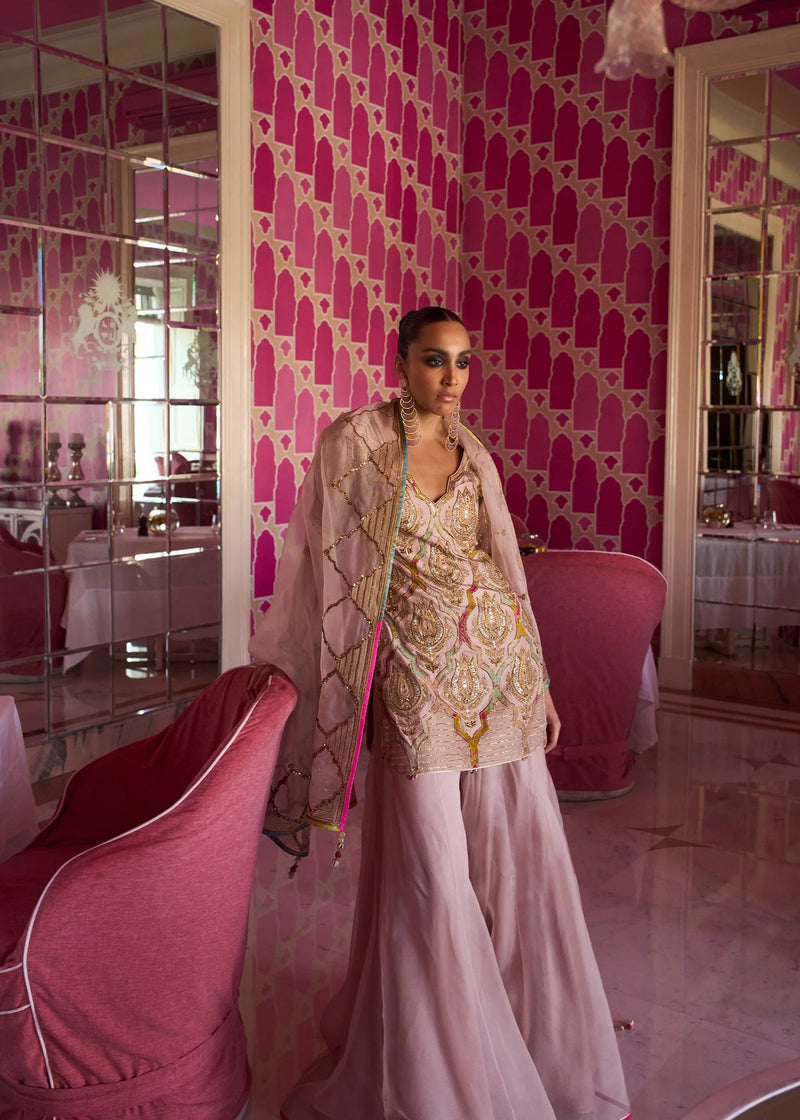 Retro Raani Champagne Pink Sharara Set silk, silk organza kurta/kurta set by Rajiramniq in pink for women in Singapore