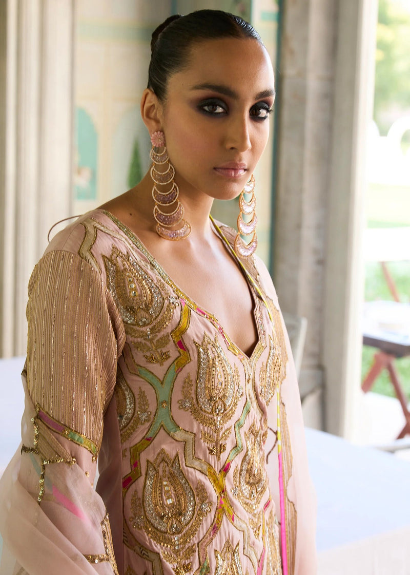 Retro Raani Champagne Pink Sharara Set silk, silk organza kurta/kurta set by Rajiramniq in pink for women in Singapore