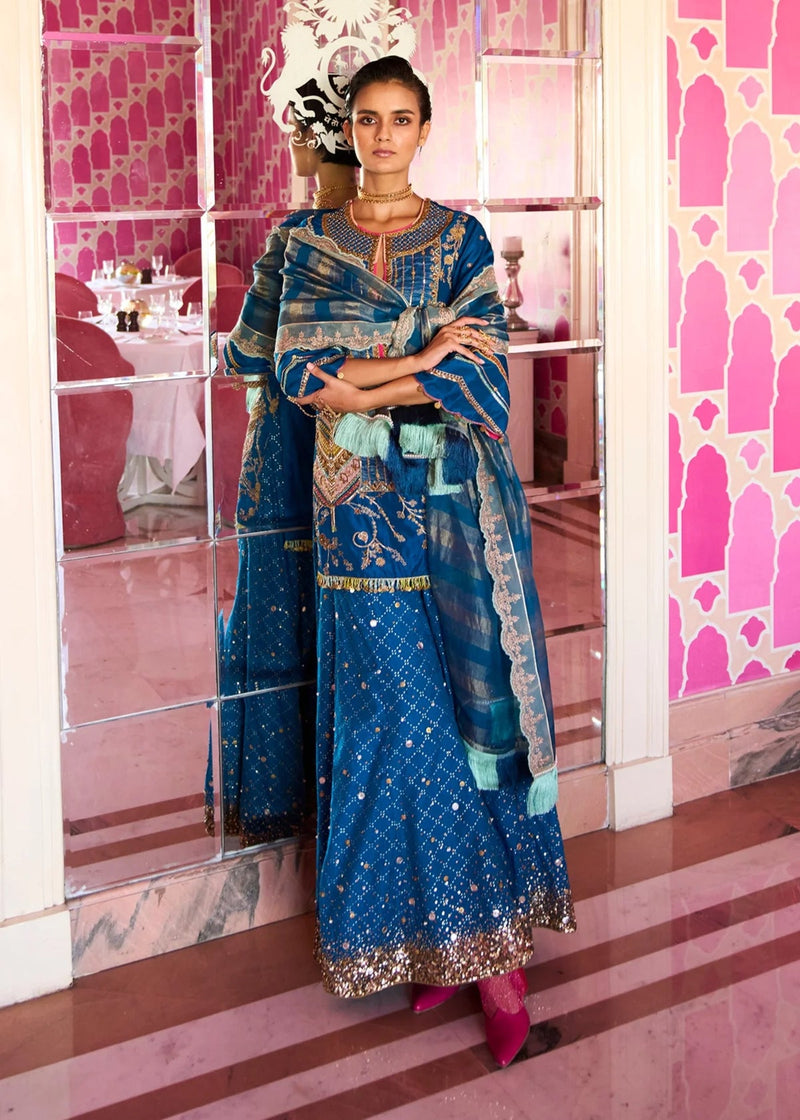 Retro Raani Teal Blue Tree Sharara Set silk, chanderi, silk tissue kurta/kurta set by Rajiramniq in teal blue for women in Singapore