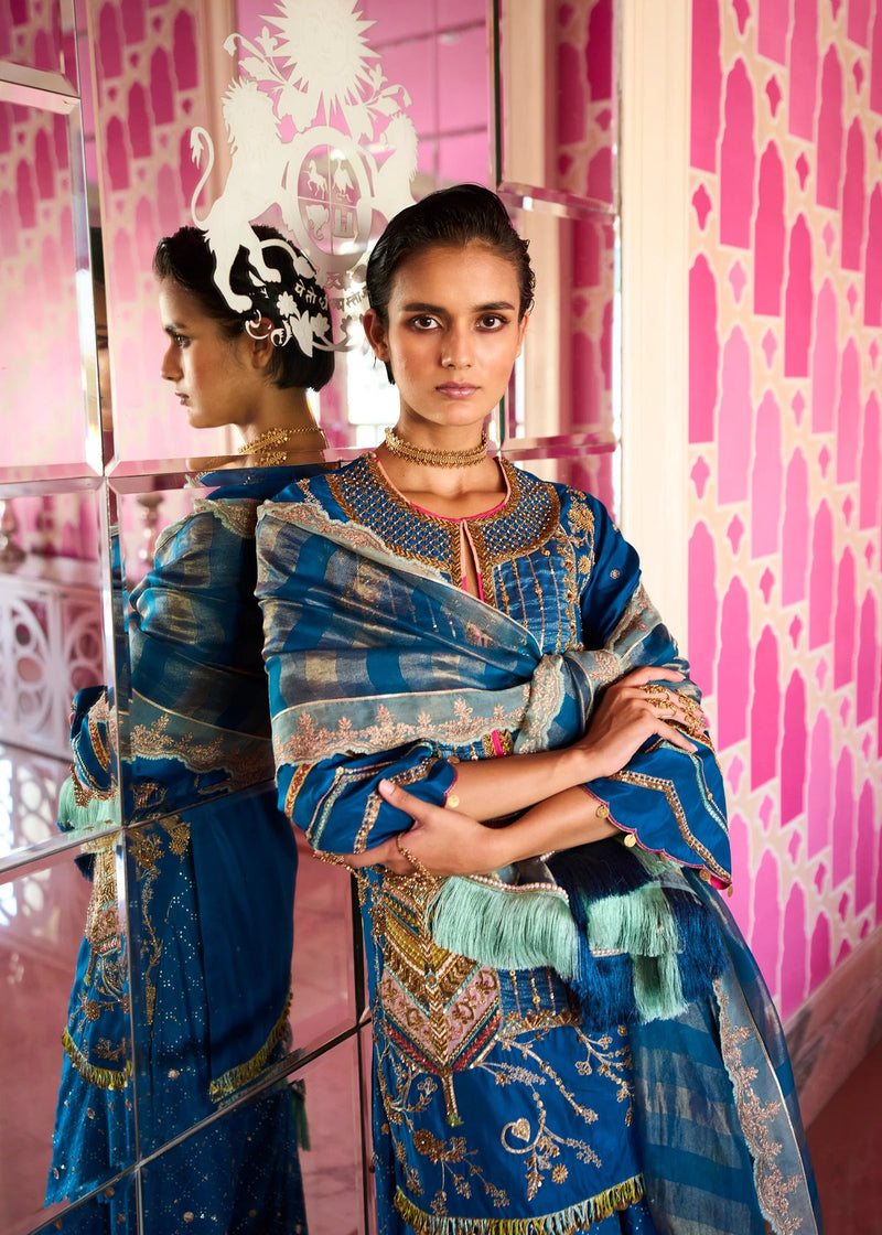 Retro Raani Teal Blue Tree Sharara Set silk, chanderi, silk tissue kurta/kurta set by Rajiramniq in teal blue for women in Singapore