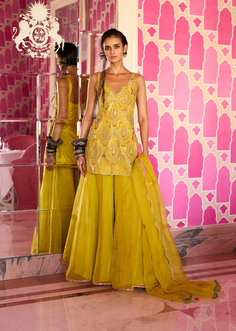 Retro Raani Yellow lotus Sharara Set silk, organza kurta/kurta set by Rajiramniq in lime for women in Singapore