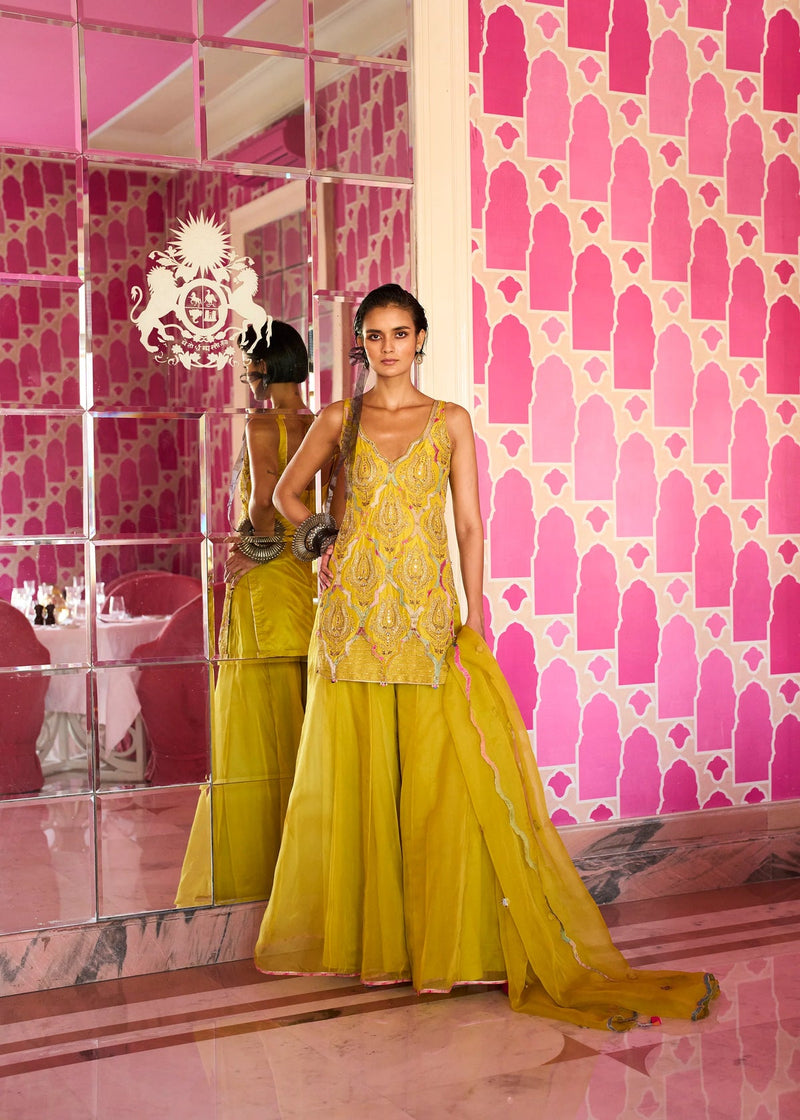 Retro Raani Yellow lotus Sharara Set silk, organza kurta/kurta set by Rajiramniq in lime for women in Singapore