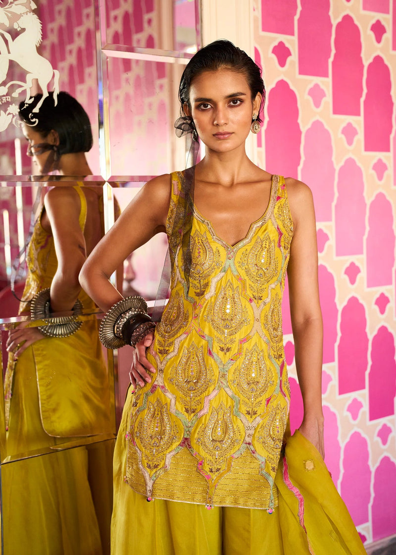 Retro Raani Yellow lotus Sharara Set silk, organza kurta/kurta set by Rajiramniq in lime for women in Singapore
