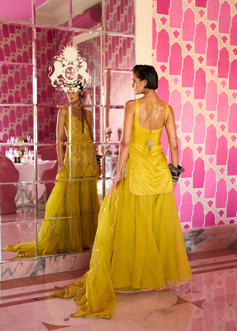 Retro Raani Yellow lotus Sharara Set silk, organza kurta/kurta set by Rajiramniq in lime for women in Singapore
