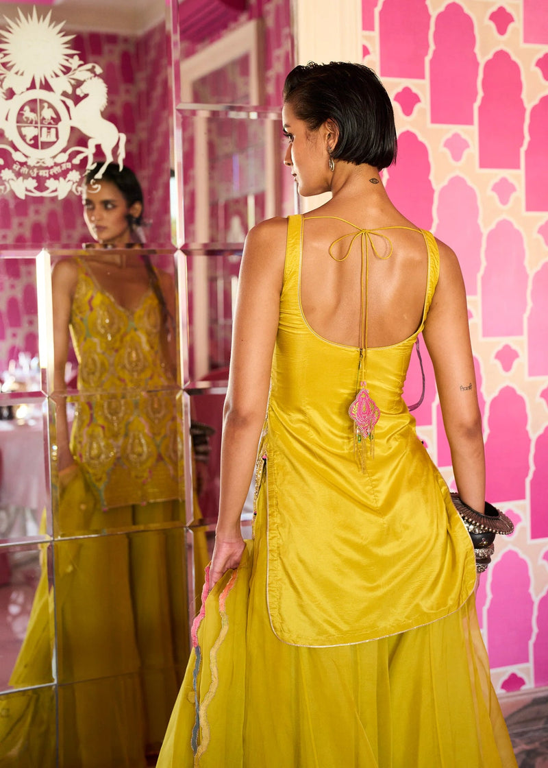 Retro Raani Yellow lotus Sharara Set silk, organza kurta/kurta set by Rajiramniq in lime for women in Singapore