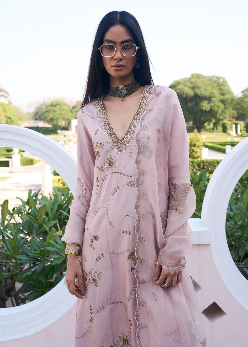 Retro Raani Champagne Pink Jaal Kurta Set silk, silk organza kurta/kurta set by Rajiramniq in pink for women in Singapore