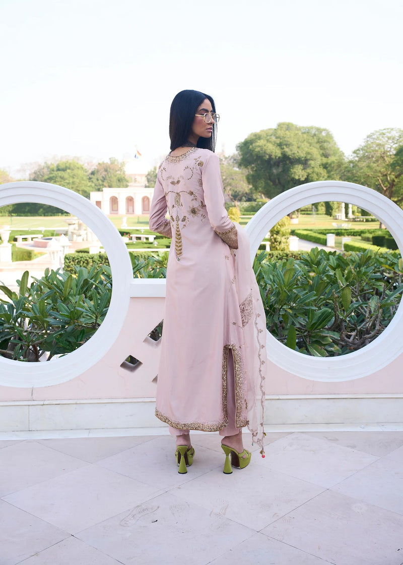 Retro Raani Champagne Pink Jaal Kurta Set silk, silk organza kurta/kurta set by Rajiramniq in pink for women in Singapore
