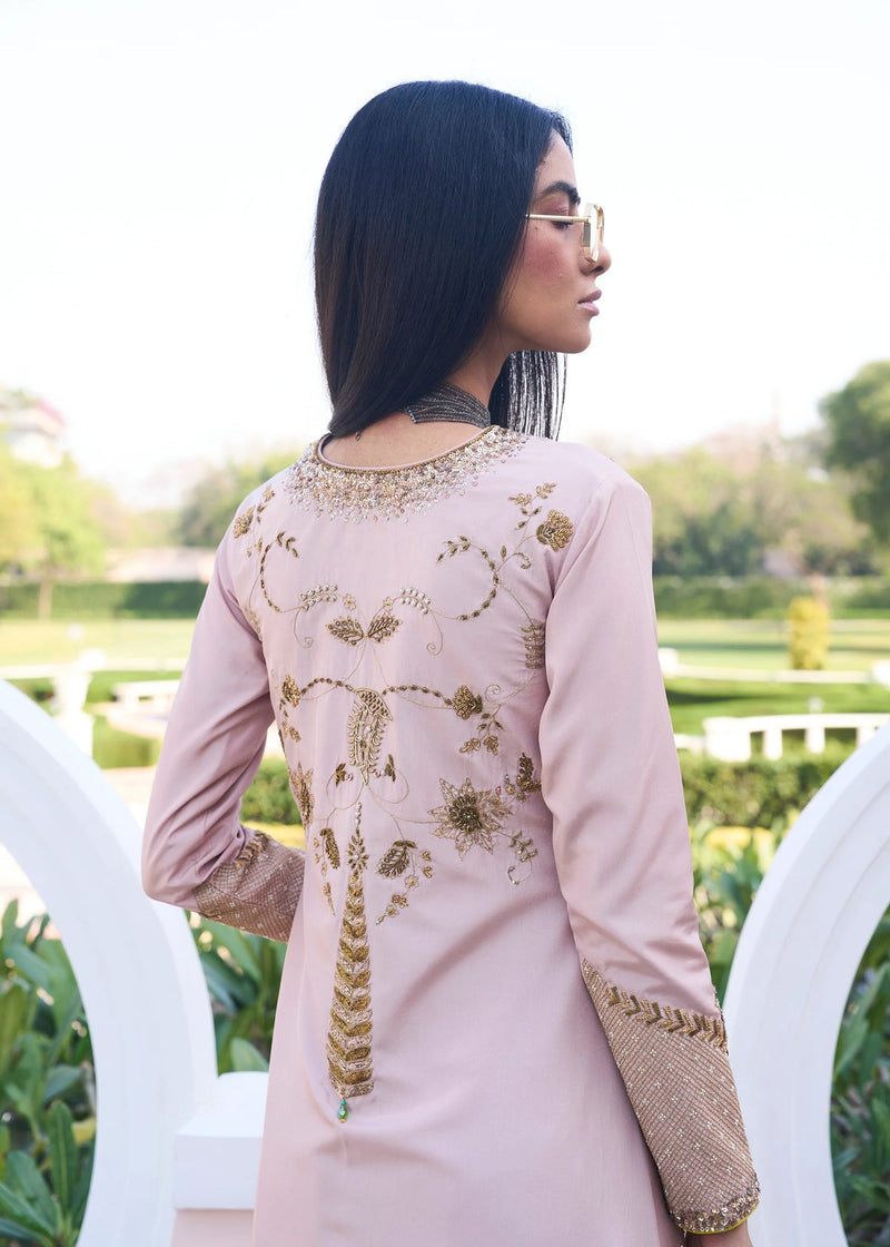 Retro Raani Champagne Pink Jaal Kurta Set silk, silk organza kurta/kurta set by Rajiramniq in pink for women in Singapore