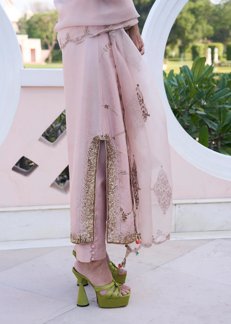Retro Raani Champagne Pink Jaal Kurta Set silk, silk organza kurta/kurta set by Rajiramniq in pink for women in Singapore