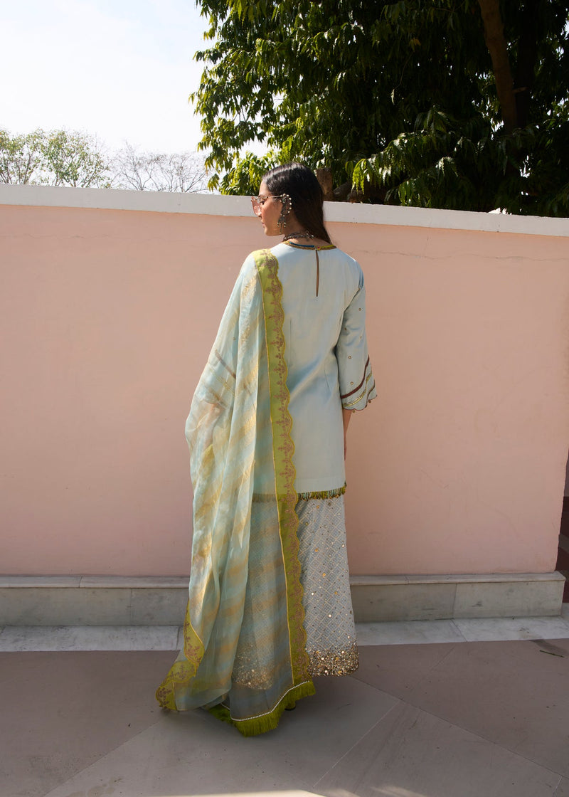 Retro Raani Sky Blue Tree Sharara Set silk, tissue kurta/kurta set by Rajiramniq in blue for women in Singapore