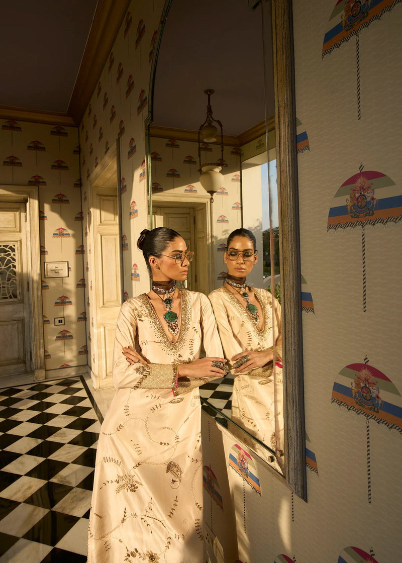 Retro Raani Ivory Jaal kaftan dress silk dress by Rajiramniq in ivory for women in Singapore