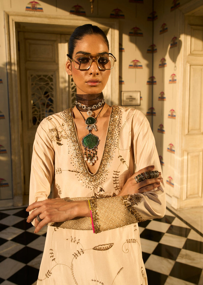 Retro Raani Ivory Jaal kaftan dress silk dress by Rajiramniq in ivory for women in Singapore