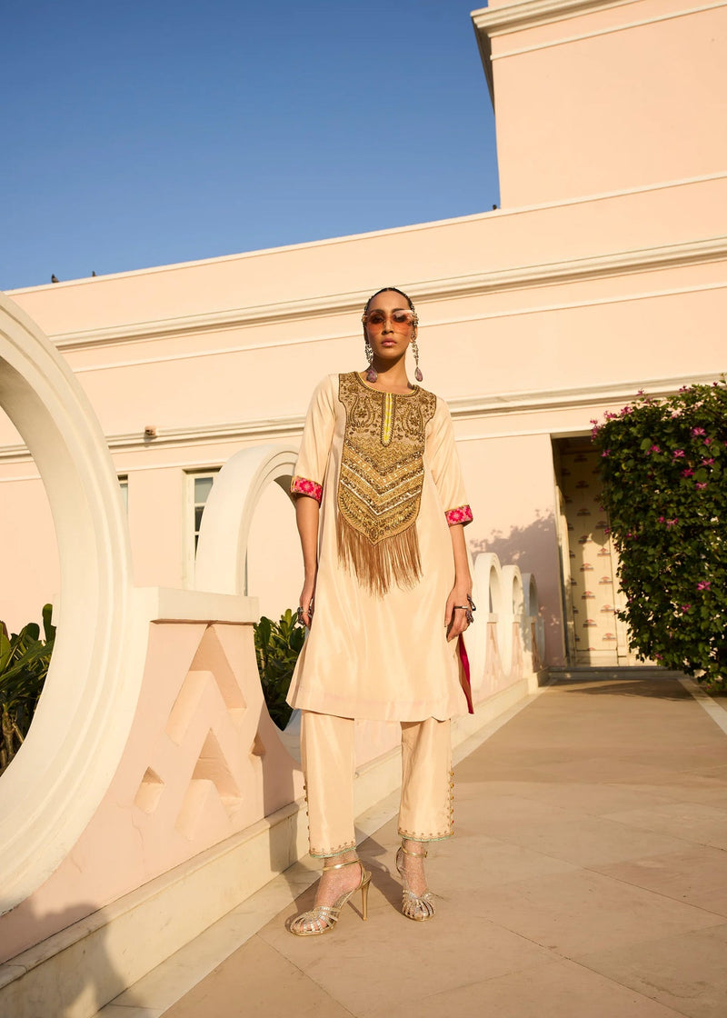 Retro Raani Tissue yoke Kurta set silk kurta/kurta set by Rajiramniq in ivory for women in Singapore