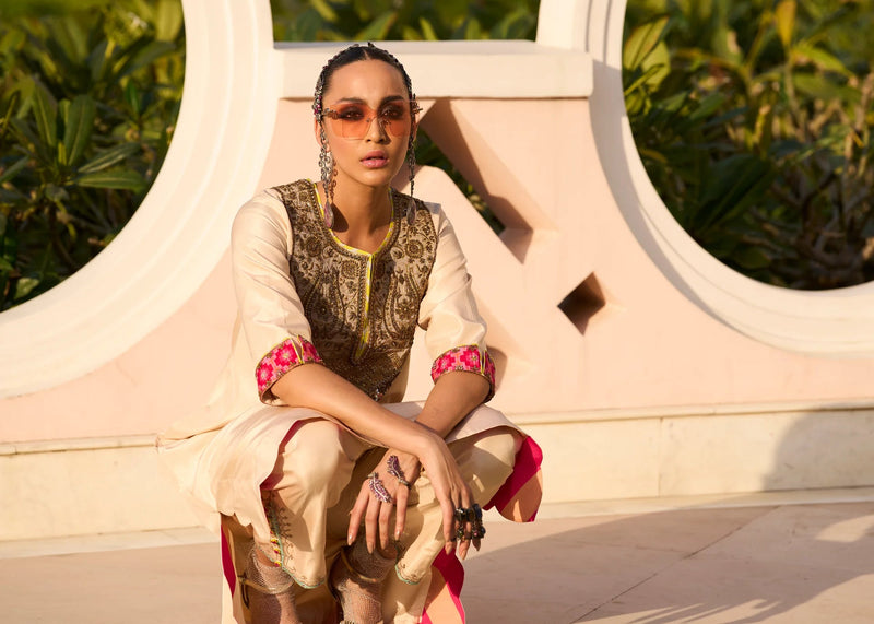 Retro Raani Tissue yoke Kurta set silk kurta/kurta set by Rajiramniq in ivory for women in Singapore