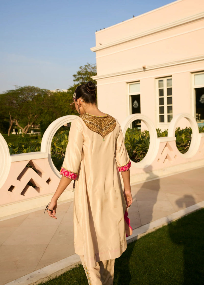 Retro Raani Tissue yoke Kurta set silk kurta/kurta set by Rajiramniq in ivory for women in Singapore