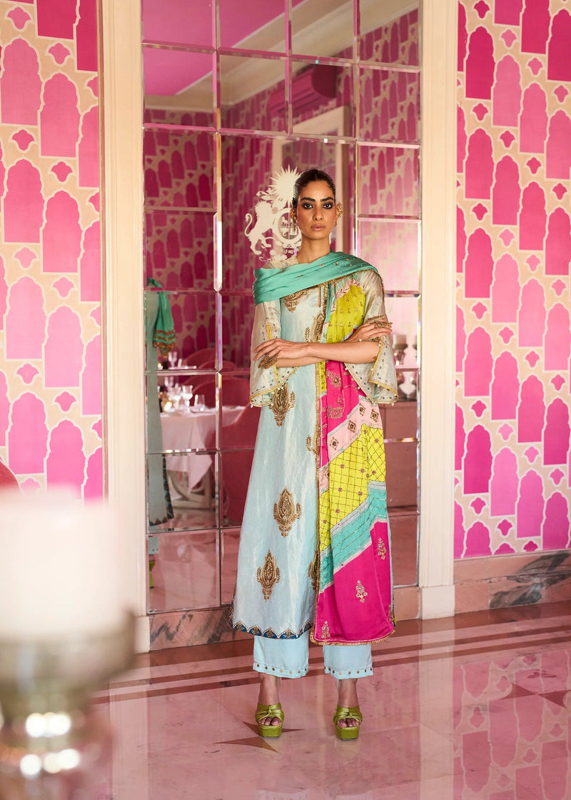 Retro Raani Powder Blue Boota Tissue Kurta Set tissue, modal satin and silk crepe kurta/kurta set by Rajiramniq in blue for women in Singapore