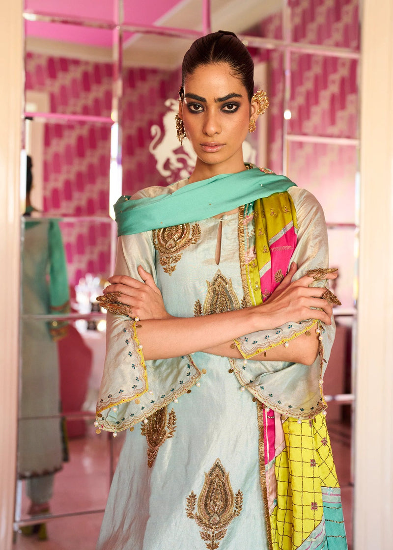Retro Raani Powder Blue Boota Tissue Kurta Set tissue, modal satin and silk crepe kurta/kurta set by Rajiramniq in blue for women in Singapore