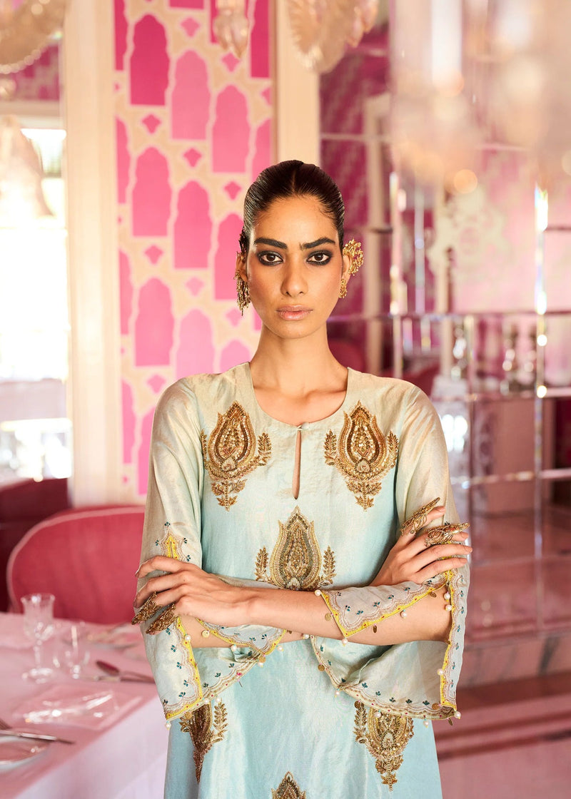 Retro Raani Powder Blue Boota Tissue Kurta Set tissue, modal satin and silk crepe kurta/kurta set by Rajiramniq in blue for women in Singapore