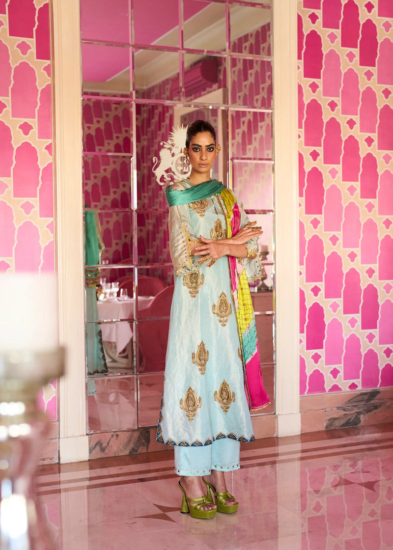 Retro Raani Powder Blue Boota Tissue Kurta Set tissue, modal satin and silk crepe kurta/kurta set by Rajiramniq in blue for women in Singapore