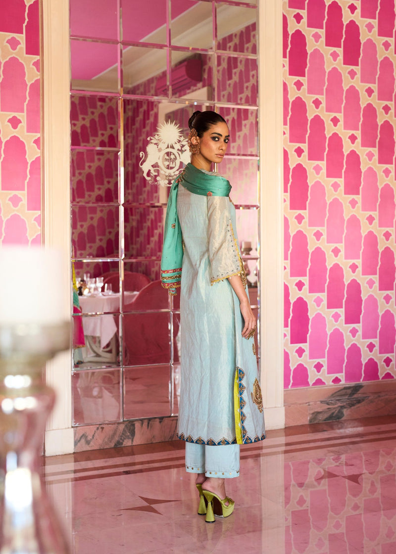 Retro Raani Powder Blue Boota Tissue Kurta Set tissue, modal satin and silk crepe kurta/kurta set by Rajiramniq in blue for women in Singapore