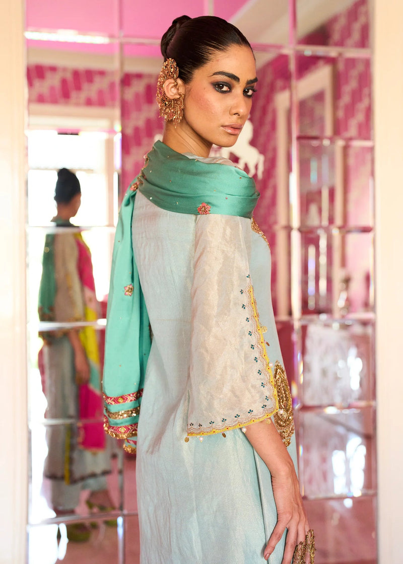 Retro Raani Powder Blue Boota Tissue Kurta Set tissue, modal satin and silk crepe kurta/kurta set by Rajiramniq in blue for women in Singapore