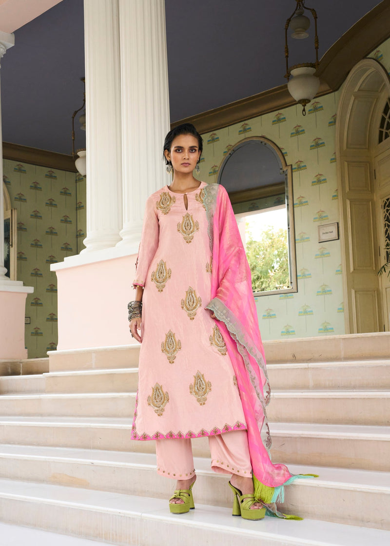 Retro Raani Pastel Pink Boota Tissue Kurta Set tissue, modal satin and silk crepe kurta/kurta set by Rajiramniq in pink for women in Singapore