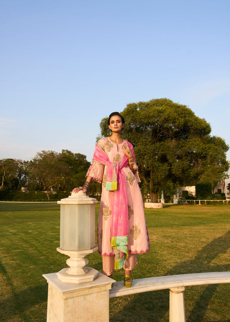 Retro Raani Pastel Pink Boota Tissue Kurta Set tissue, modal satin and silk crepe kurta/kurta set by Rajiramniq in pink for women in Singapore