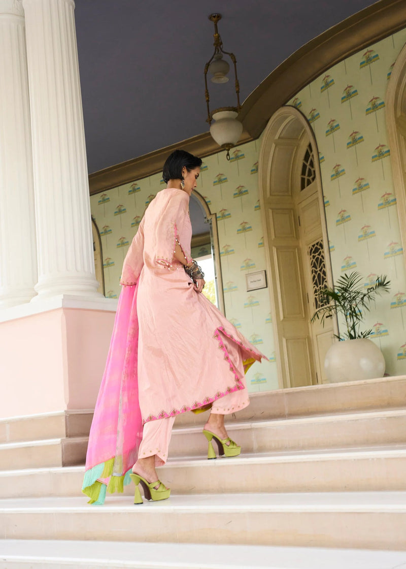 Retro Raani Pastel Pink Boota Tissue Kurta Set tissue, modal satin and silk crepe kurta/kurta set by Rajiramniq in pink for women in Singapore