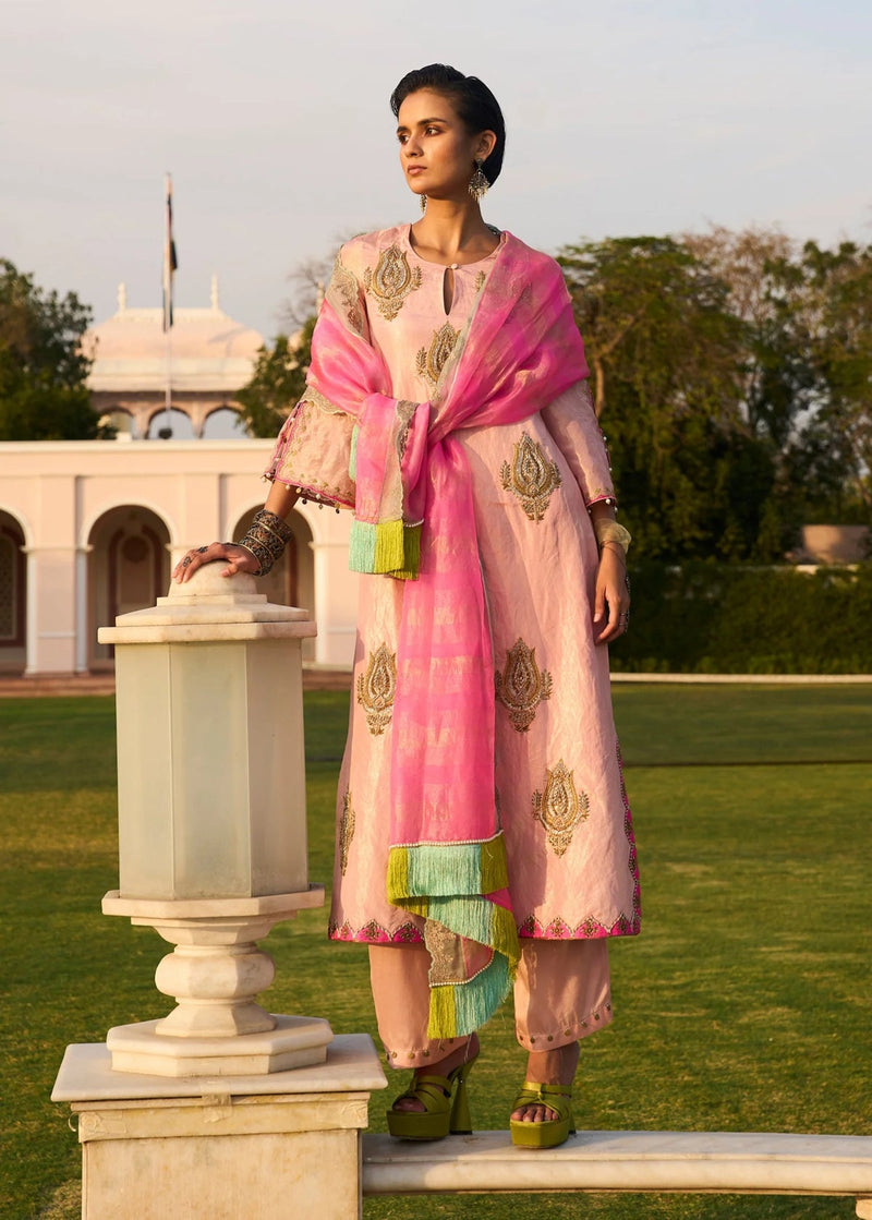 Retro Raani Pastel Pink Boota Tissue Kurta Set tissue, modal satin and silk crepe kurta/kurta set by Rajiramniq in pink for women in Singapore