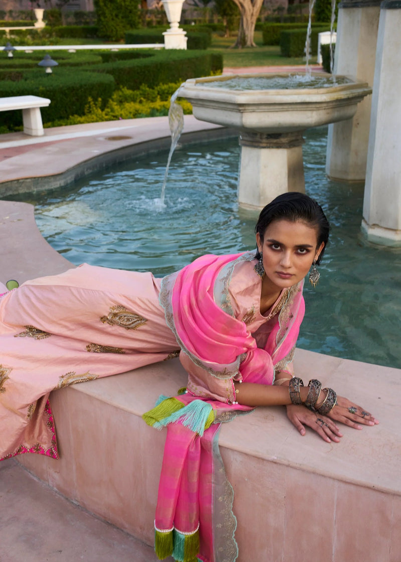 Retro Raani Pastel Pink Boota Tissue Kurta Set tissue, modal satin and silk crepe kurta/kurta set by Rajiramniq in pink for women in Singapore
