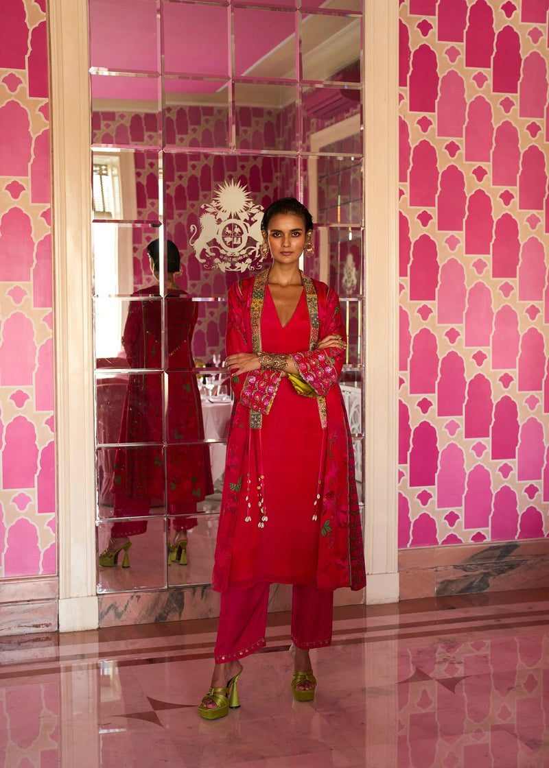 Retro Raani Red Jacket Kurta Set crepe kurta/kurta set by Rajiramniq in red for women in Singapore