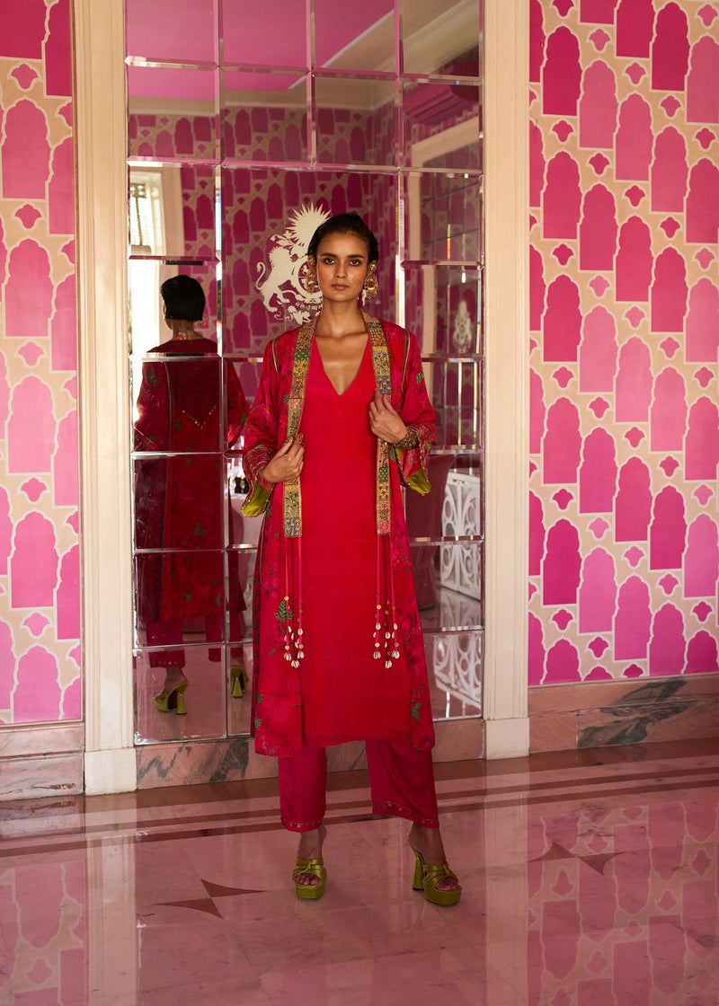 Retro Raani Red Jacket Kurta Set crepe kurta/kurta set by Rajiramniq in red for women in Singapore