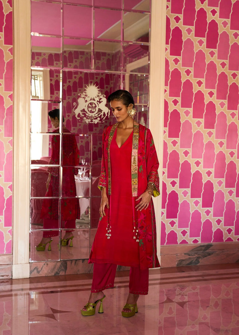 Retro Raani Red Jacket Kurta Set crepe kurta/kurta set by Rajiramniq in red for women in Singapore