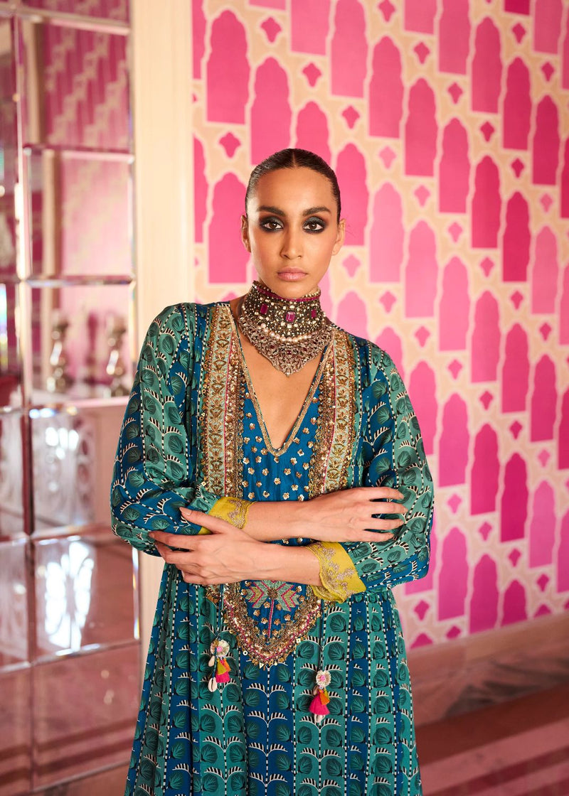 Retro Raani Teal Silk Yoke Kurta Set by Rajiramniq for women in Singapore