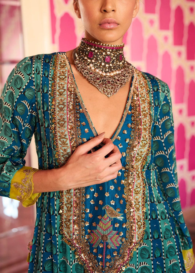 Retro Raani Teal Silk Yoke Kurta Set by Rajiramniq for women in Singapore