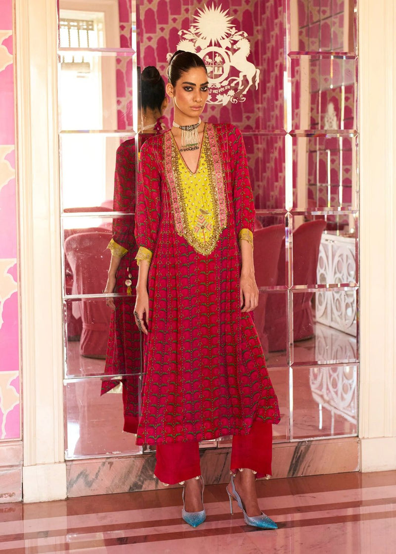 Retro Raani Red Silk Yoke Kurta Set by Rajiramniq for women in Singapore