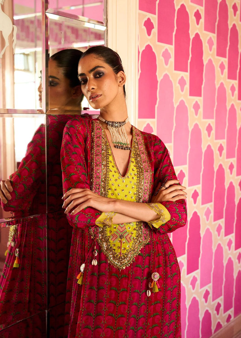 Retro Raani Red Silk Yoke Kurta Set by Rajiramniq for women in Singapore