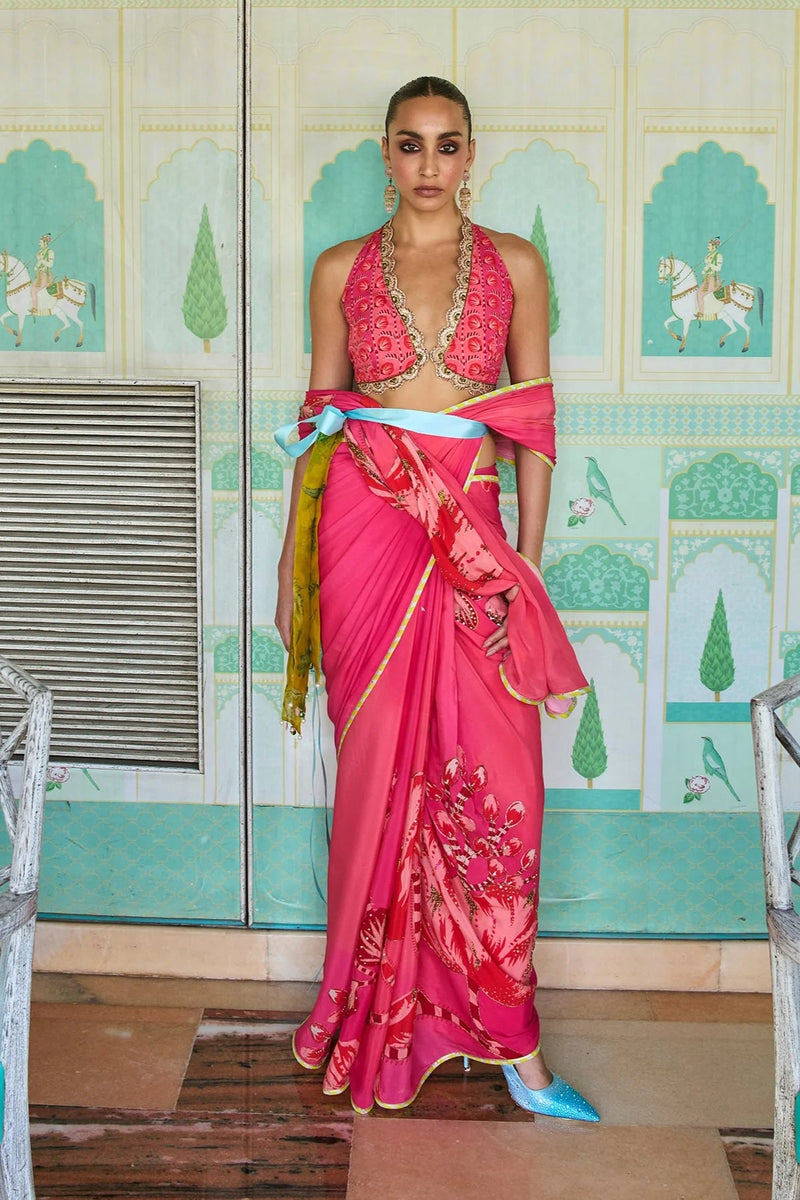 Retro Raani Candy Pink Saree Set crepe saree by Rajiramniq in pink for women in Singapore