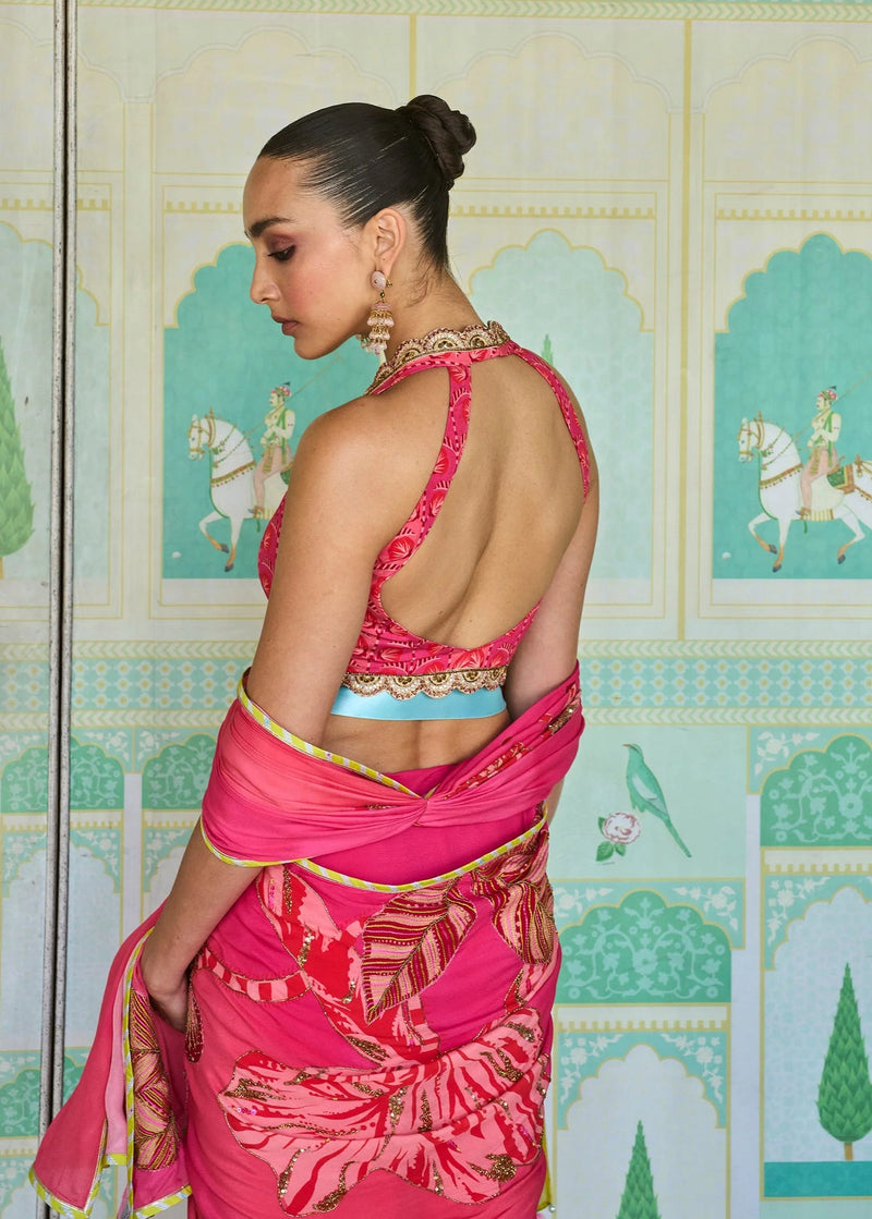 Retro Raani Candy Pink Saree Set crepe saree by Rajiramniq in pink for women in Singapore