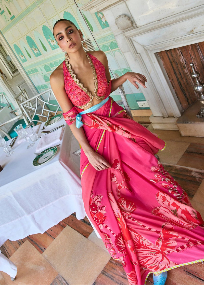 Retro Raani Candy Pink Saree Set crepe saree by Rajiramniq in pink for women in Singapore