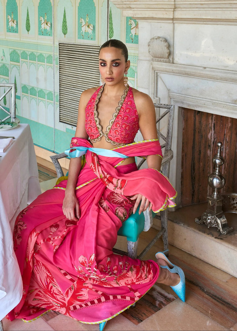 Retro Raani Candy Pink Saree Set crepe saree by Rajiramniq in pink for women in Singapore