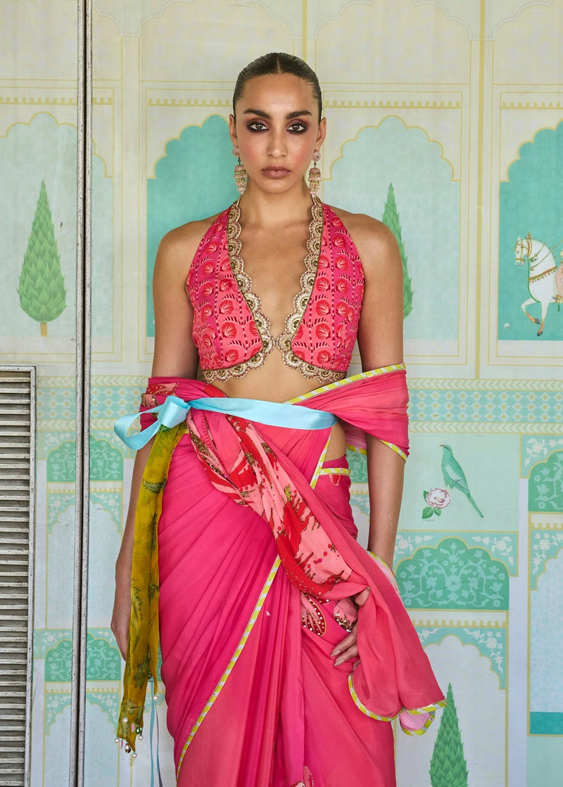 Retro Raani Candy Pink Saree Set crepe saree by Rajiramniq in pink for women in Singapore