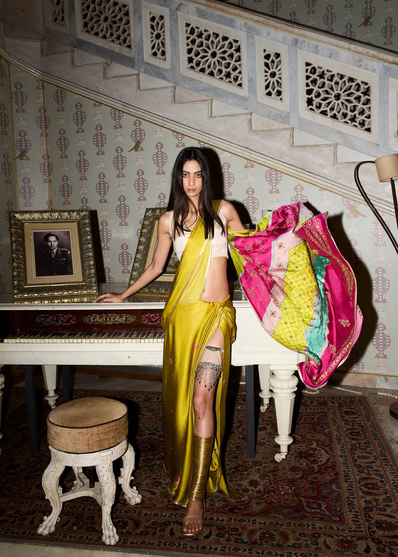 Retro Raani Multicolor Embroidered Saree Set satin crepe saree by Rajiramniq in ivory for women in Singapore