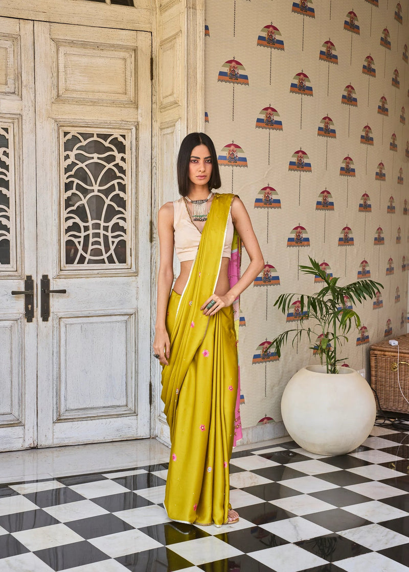 Retro Raani Multicolor Embroidered Saree Set satin crepe saree by Rajiramniq in ivory for women in Singapore