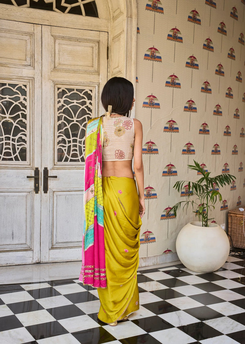 Retro Raani Multicolor Embroidered Saree Set satin crepe saree by Rajiramniq in ivory for women in Singapore